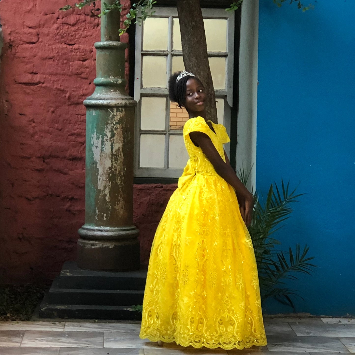 Almire bright yellow lace gown