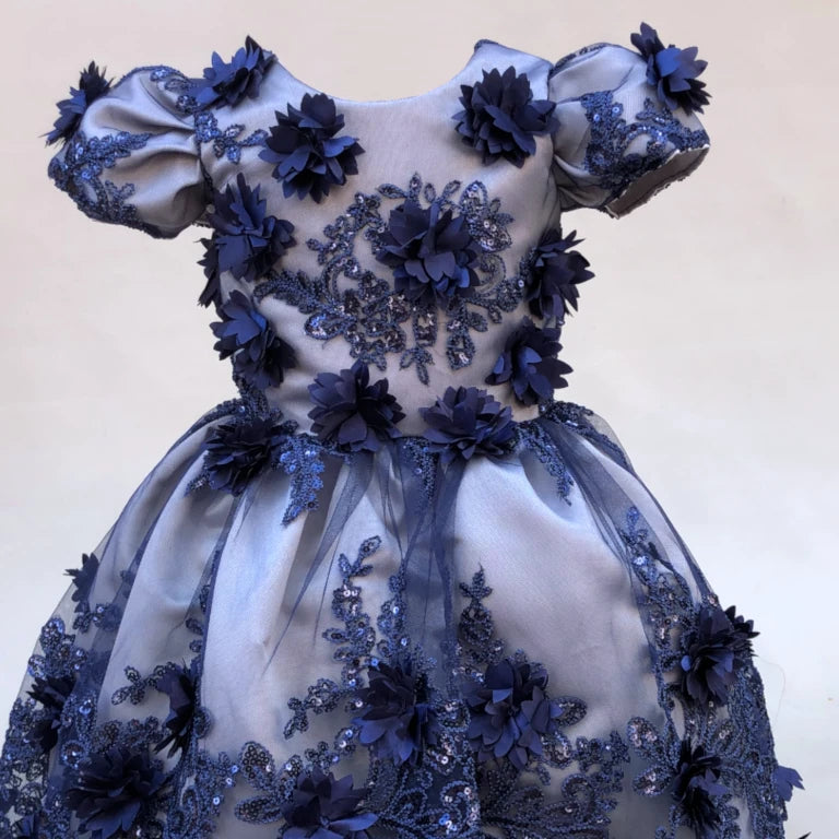 Evangeline navy blue and silver floral gown