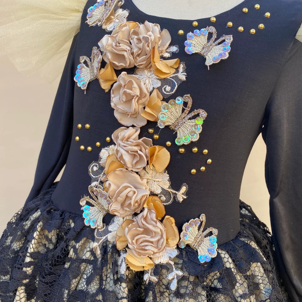 Adelita black and gold lace floral dress