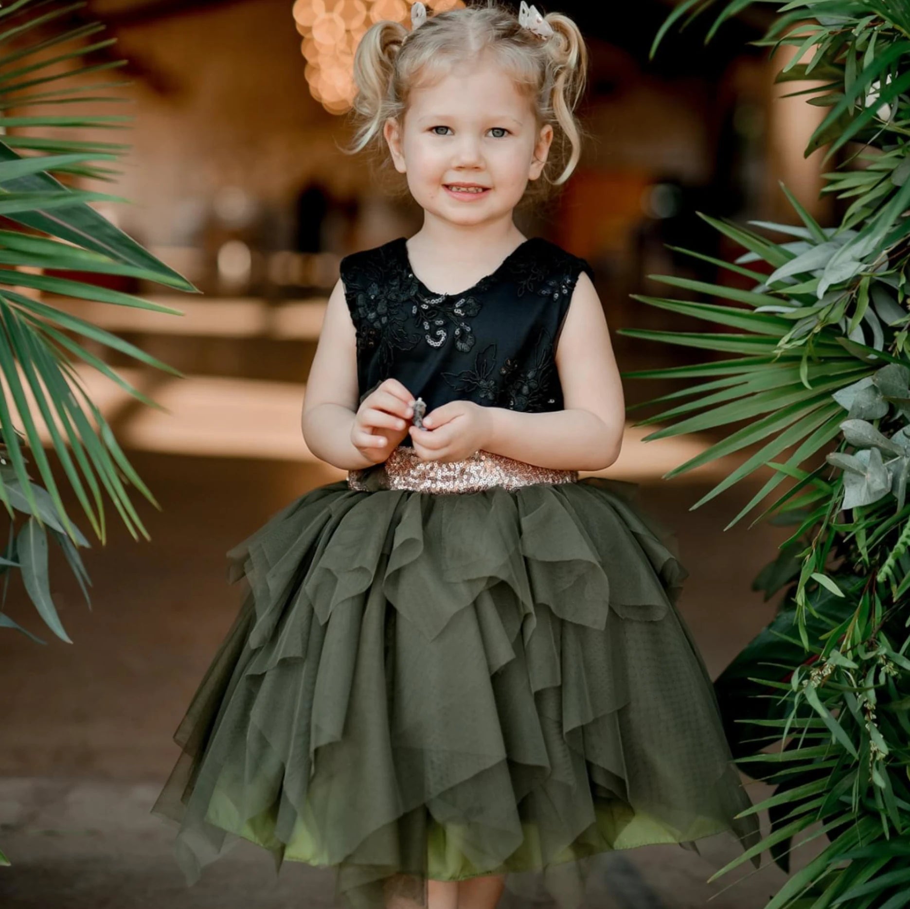 Amara olive green tulle and lace dress