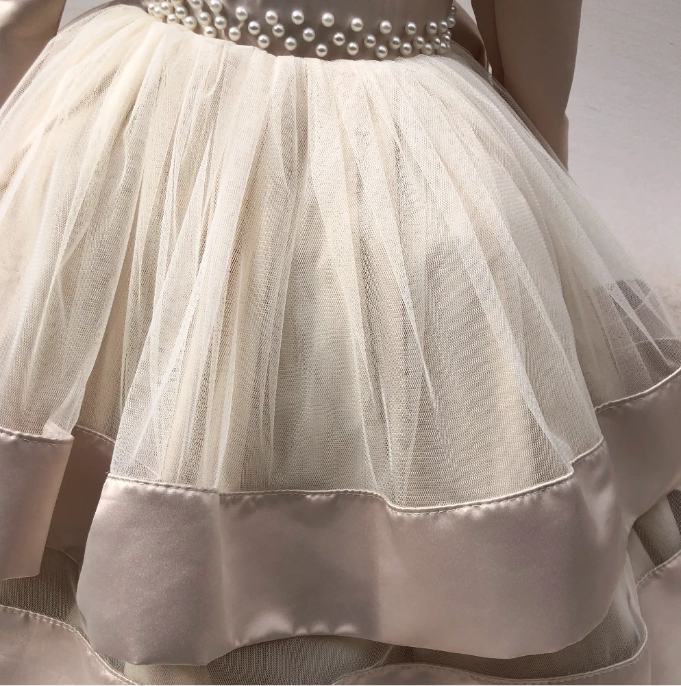 Millie beige satin and pearl occasion dress
