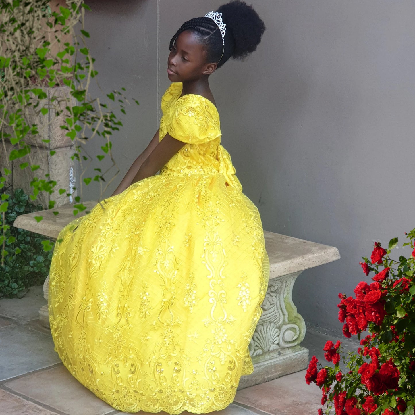 Almire bright yellow lace gown