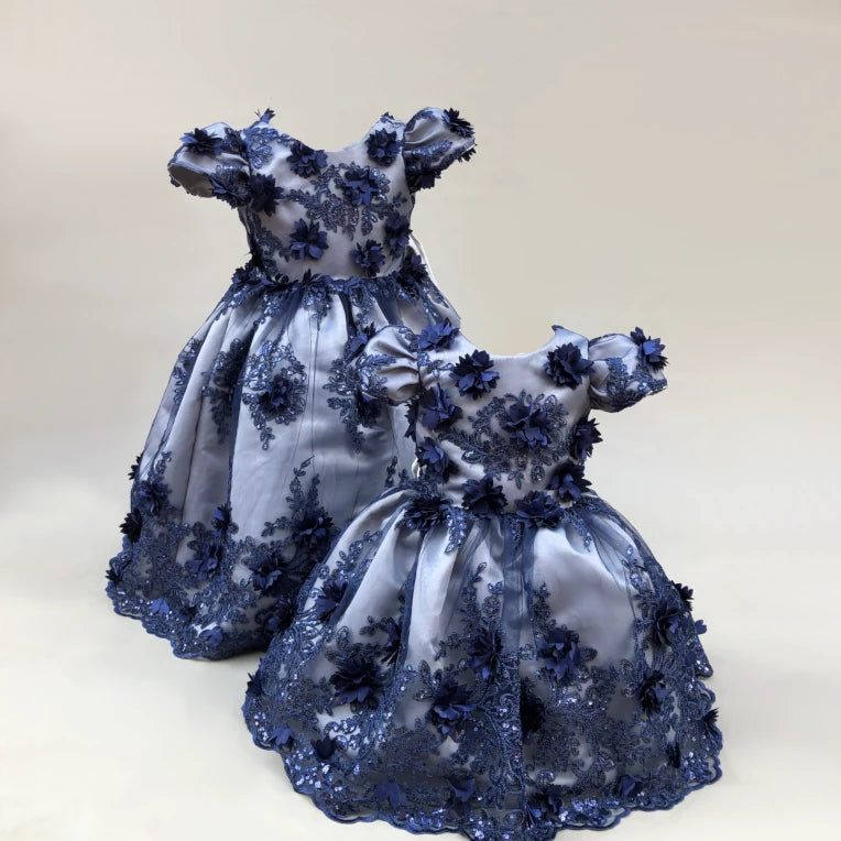 Evangeline navy blue and silver floral gown